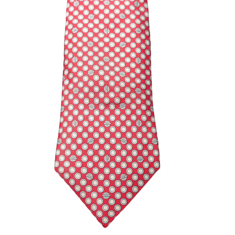 Vintage Hermès 100% Silk Men's Red Tie With Blue & White Geometric Designs